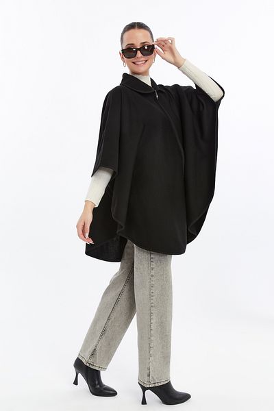 panşalço Shirt Collar Knitwear Poncho, Poncho, Steel Knit, Black, Size 36-48, 83X120 Cm, Brooch Gift
