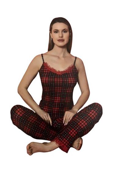 Manolya Women's Pegasus Fabric Claret Red Plaid Pattern Guipure Detailed Thin Strap Pajama Set