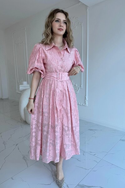 HELİS BUTİK Rochie roz jacquard cu mâneci cu balon cu centură