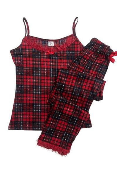 Manolya Women's Pegasus Fabric Claret Red Plaid Pattern Guipure Detailed Thin Strap Pajama Set