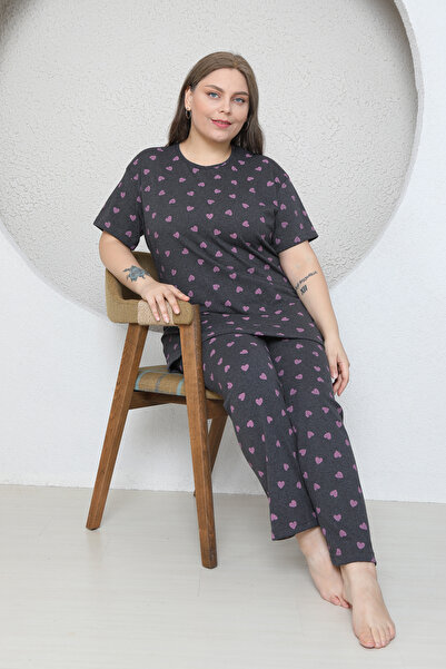 FAMES PİJAMA Plus Size Pink Small Heart Patterned Pajama Set