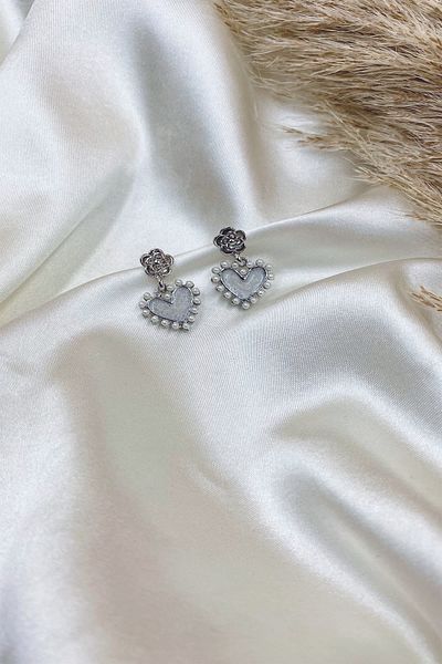 Eylülün Takısı Silver Color Pearl Heart Earrings (Does Not Lose Color)