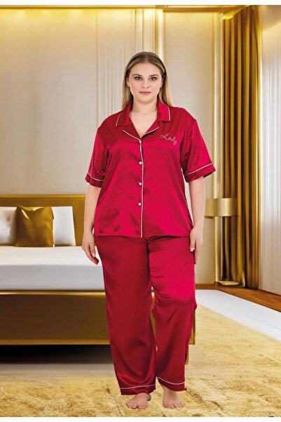 İpek Women's Short Sleeve Front Buttoned Plus Size Satin Solid Color Pajama Set