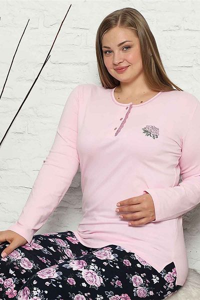 ALİMER Pink Women's Single Jersey Combed Cotton Crew Neck Placket Long Sleeve Plus Size Pajama Set Edy2548uyb