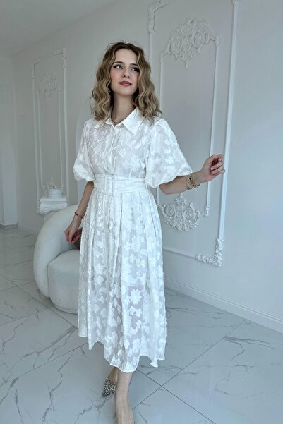 HELİS BUTİK Belted Balloon Sleeve Jacquard Ecru Dress