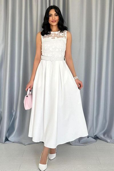 ZISHAN Lace and Embroidery Detail Belted Sleeveless Midi Length Women's Evening Dress 8552