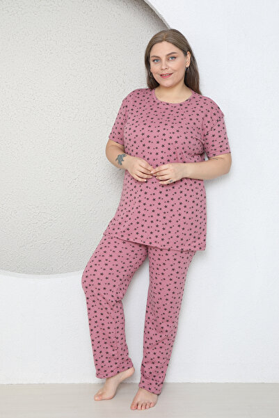 FAMES PİJAMA Plus Size Powder Star Patterned Pajama Set