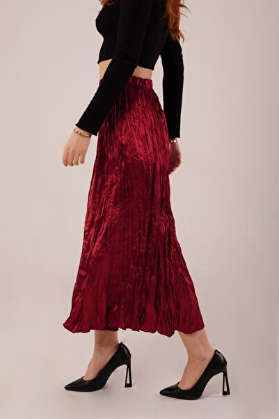 etol textile Midi Length Pleated Satin Claret Red Skirt