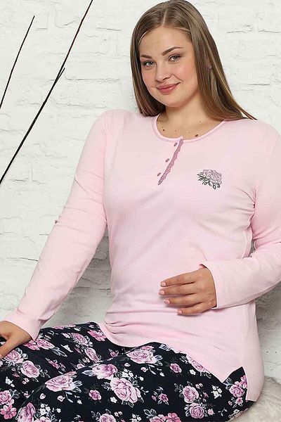 ALİMER Pink Women's Single Jersey Combed Cotton Crew Neck Placket Long Sleeve Plus Size Pajama Set Edy2548uyb