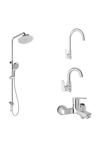 KALE Mare Bathroom + Rotating Basin + Kitchen Faucet and Rain Round Push Button Shower Bar