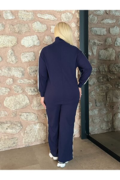 MODA Women's Plus Size White Striped Zippered Collar Stretchy Cotton Camisole Suit