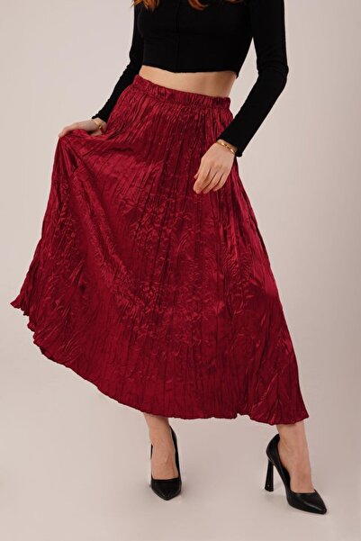 etol textile Midi Length Pleated Satin Claret Red Skirt