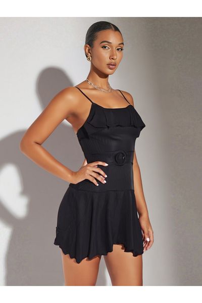 FASHION COCKTAIL Căptușeală moale, moale, subțire, texturată, cu volană, cu pantaloni scurți, salopetă din satin de vară, negru mat