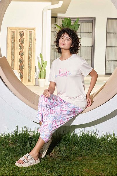 Aydoğan Lodos Store Aydoğan Women's Short Sleeve Capri Bermuda Summer Viscose Pajamas Set Heart Patterned