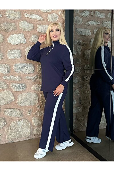 MODA Women's Plus Size White Striped Zippered Collar Stretchy Cotton Camisole Suit