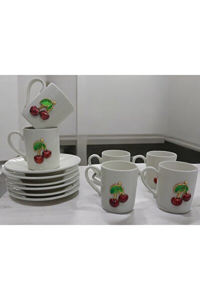 D&Y GAUDERY 6 kişilik Kiraz Model 12 Parça Porselen Kahve Fincan Takımı - Şık Kahve Fincan Seti 120 ml