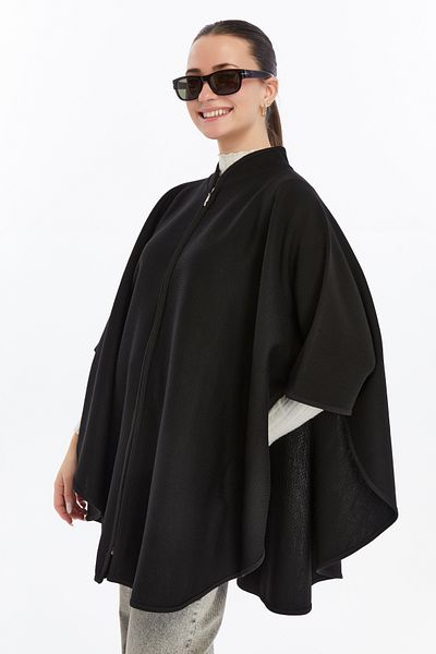 panşalço Judge Collar Knitwear Poncho, Steel Knit, Black, Size 36-48, 83X120 Cm, Brooch Gift