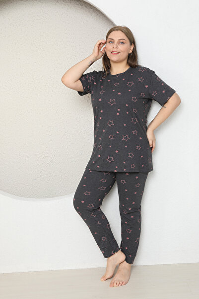 FAMES PİJAMA Plus Size Star Heart Patterned Pajama Set