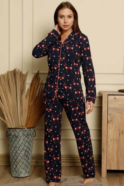 ALİMER Lacivert Geyik Desenli Ful Likralı Boydan Düğmeli Kadın Pijama Takımı ...