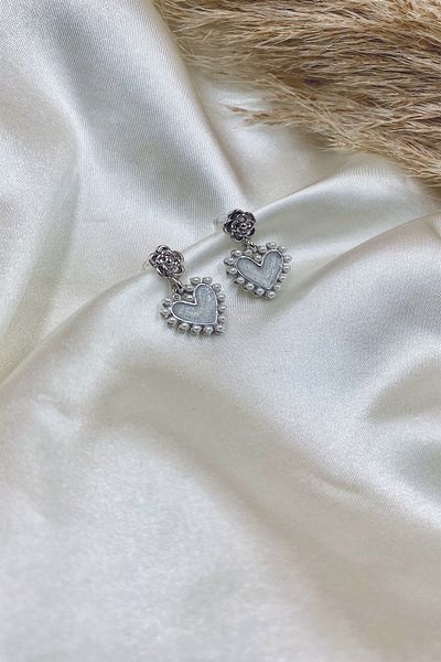 Eylülün Takısı Silver Color Pearl Heart Earrings (Does Not Lose Color)