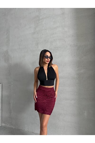 BEJNA Women's Burgundy Leopard Patterned Satin Skirt