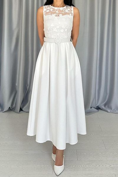 ZISHAN Lace and Embroidery Detail Belted Sleeveless Midi Length Women's Evening Dress 8552