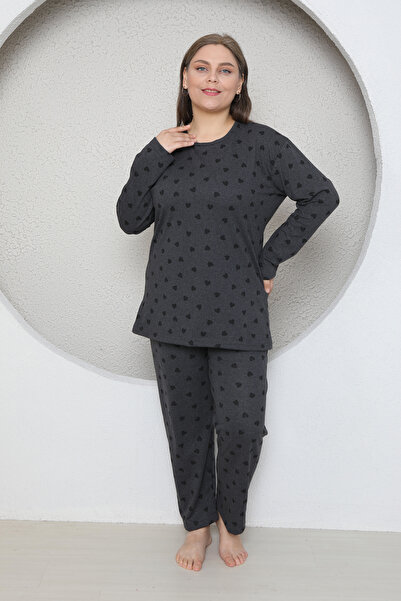 FAMES PİJAMA BÜYÜK BEDEN UZUN KOL MEVSİMLİK KALP DESENLİ PİJAMA TAKIM