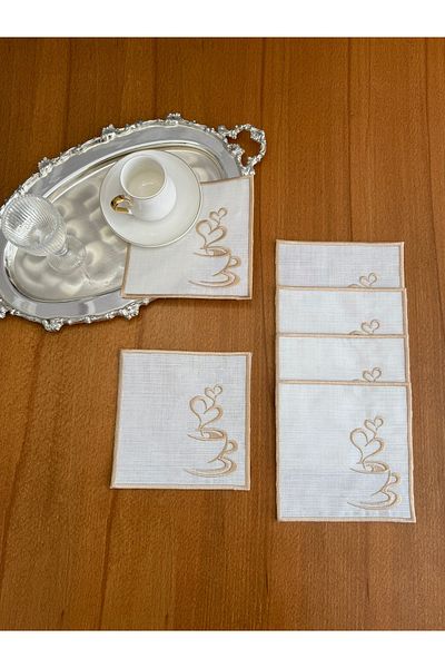 Smiling Home 6 броя ленени салфетки за сервиране на коктейли с бродерия, цвят мляко и кафе, модел капучино
