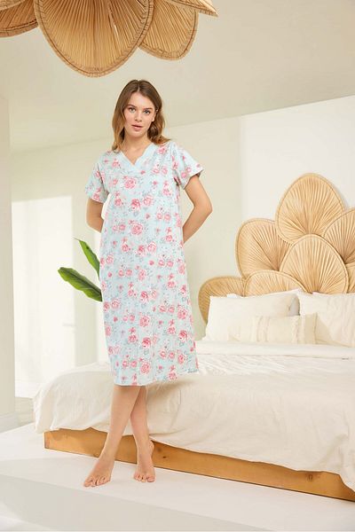 Aydoğan Lodos Store Aydoğan Women's V-Neck Short Sleeve Single Jersey Cotton Nightdress Rose Patterned Turquoise