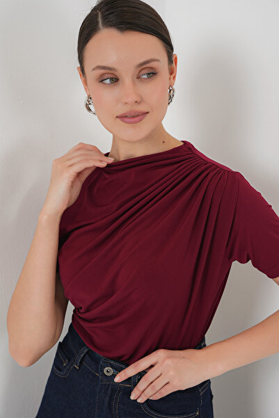 Bigdart Short Sleeve Sandy Blouse with Shirring Detail 945 - Claret Red