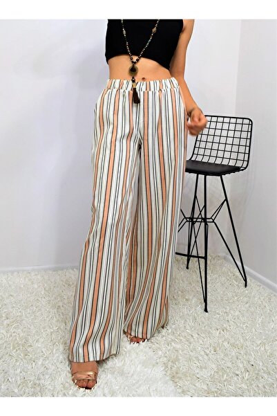 Pasaklı Giyim Women's Brick Beige Vertical Striped Elastic Waist Pocket Trousers Hijab Trousers3258200