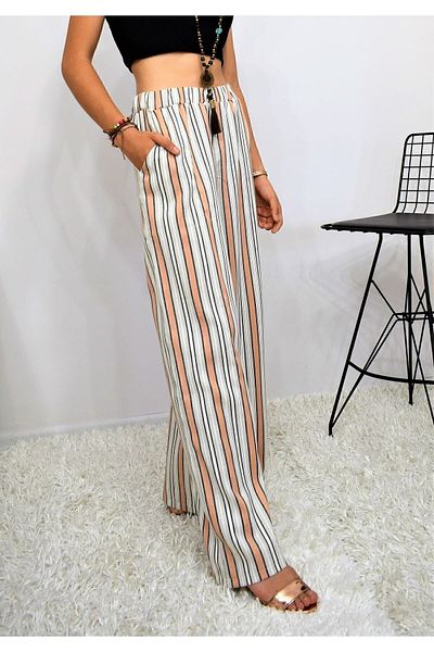 Pasaklı Giyim Women's Brick Beige Vertical Striped Elastic Waist Pocket Trousers Hijab Trousers3258200