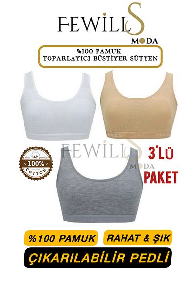 FEWİLLS MODA 100% Cotton 3-Pack Stylish and Comfortable Cikarilabi̇Li̇R Paddeḋ Women's Recovery Busti̇Yer Bra