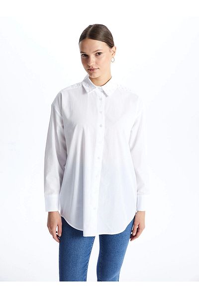 LC Waikiki LCW Modest WHITE Κεντημένο μακρυμάνικο γυναικείο πουκάμισο υπερμεγέθη