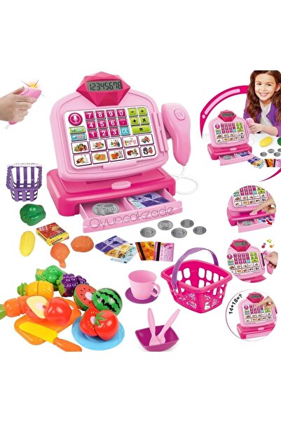 Oyuncakhane Pembe Yazar Kasa Pilli Sesli Barkod Okuyuculu + Market Sepeti + K...