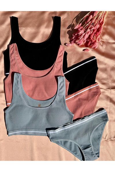 Elosia Soleya 3-Pack, Cotton Camisole Dusty Rose, Blue and Black, Padded Half Undershirt and Slip Panty Set 4511