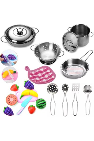 Toy Metal Cookware Pan Set Cuttable Fruit Vegetable Girls Toys Pink
