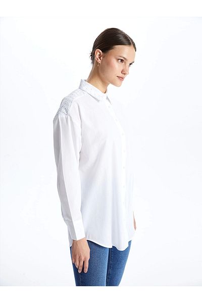LC Waikiki LCW Modest WHITE Κεντημένο μακρυμάνικο γυναικείο πουκάμισο υπερμεγέθη