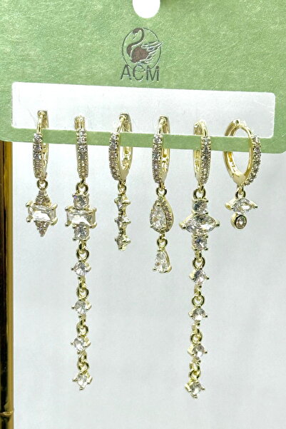 DEMOKAN Kadın Küpe İthal Full Zirkon Seri 6'lı Uzun Sallantılı Damla Baget Ka...