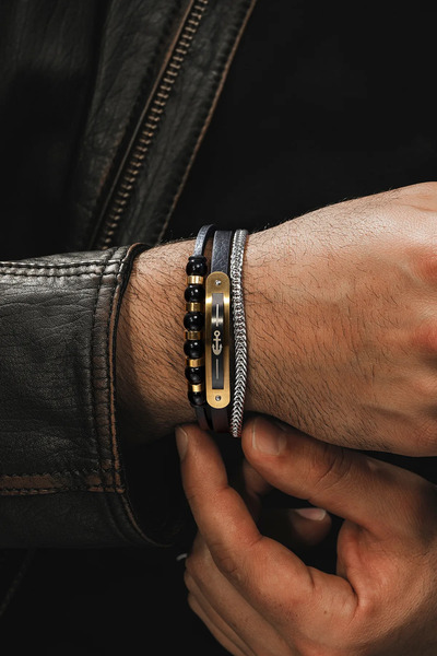 vogutima Men's Steel Bracelet - Anchor Patterned Natural Onyx Stone Leather S...