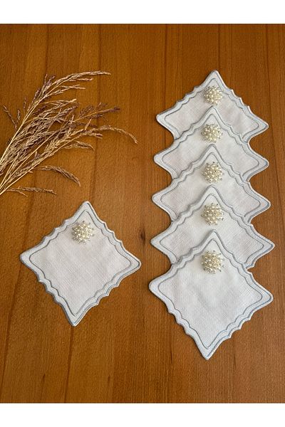 Smiling Home 6 τεμάχια λινό ασημί χρώμα διπλής σειράς κεντημένη ζιγκ-ζαγκ τετράγωνη περλέ χαρτοπετσέτα παρουσίασης κοκτέιλ