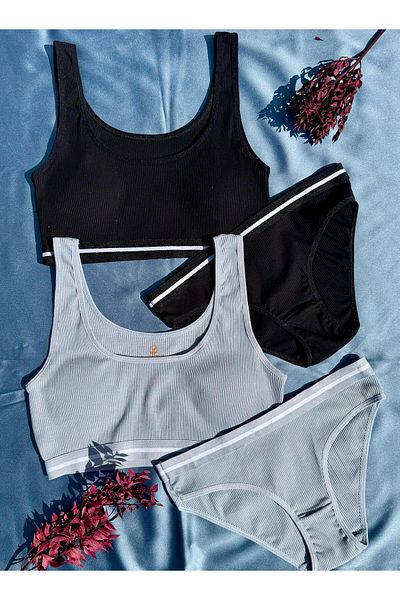 Elosia Soleya 2, Cotton Camisole Blue and Black Color Pad Half Undershirt and Slip Panties Set 4511