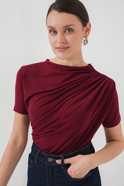 Bigdart Bluză Sandy cu mânecă scurtă cu detaliu adunat 945 - Roșu Claret