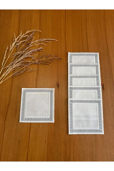 Smiling Home 6 Pieces Linen Smoked Color Stylish Embroidered Caravan Model Square Cocktail Presentation Napkin