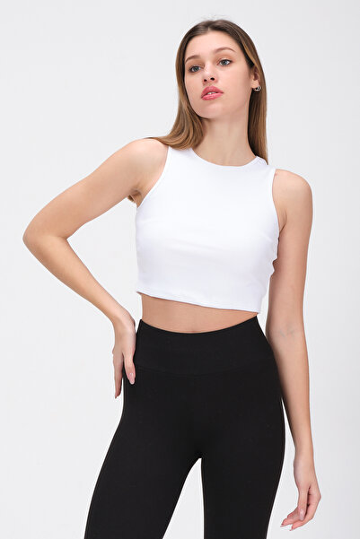 PUNKY CAT Kadın Beyaz Bisiklet Yaka Crop Top Kolsuz Body Bluz