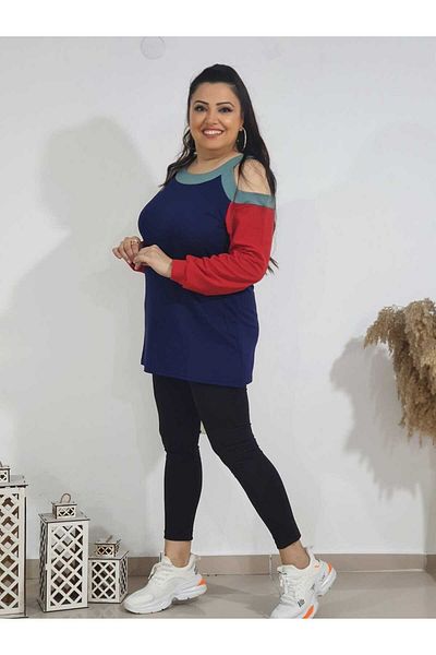 BİrHoşButik Plus Size Full Lycra Off the Shoulder Cycling Collar Seasonal Trend Long Women's Sweat-Free Color Bluz