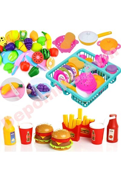 Oyuncakhane Oyuncak Bulaşıklık Tabak Tencere+hamburger Seti+20 Parça Kesilebi...