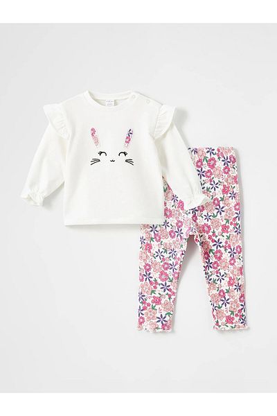 LC Waikiki Lcw Baby Ecru Crew Neck Floral Baby Girl Blouse and Leggings Set of 2