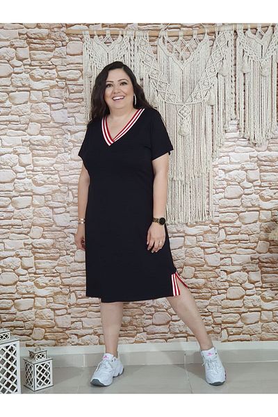 BİrHoşButik Plus Size Full Lycra Shows No Inner Knit Trend V-Neck Short Sleeve Medium Length Sweat-Free Summer Dress