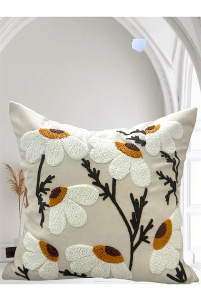 HD HOME COLLECTİON (2 Pieces) Branched Daisy Linen Fabric Punch Throw Pillow Cover (Panç)